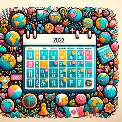 28 de diciembre Dia Internacional de los Dias Mundiales calendario colorido lleno representando diferentes Dias Mundiales