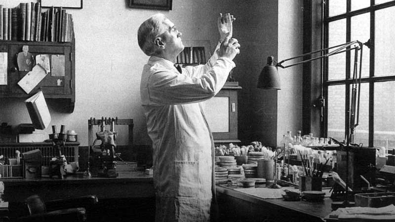 Alexander Fleming trabajando en su laboratorio